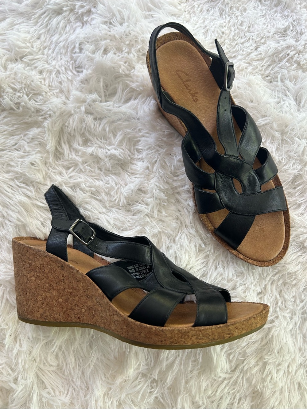 Clarks Black Leather Cork Wedge Sandals Women’s 8.5